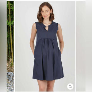 Attesa Maternity Dress stretch Cotton Poplin with Frill Trims Sleeveless Blue